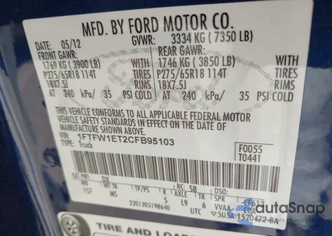 2012 Ford F-150 Xlt z USA, uszkodzony, nr VIN 1FTFW1ET2CFB95103